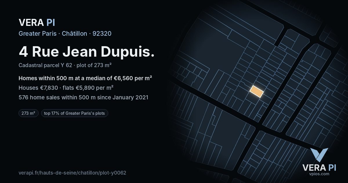 4 Rue Jean Dupuis, Châtillon at night – the plot lit, the parcels around coloured by the prices near them