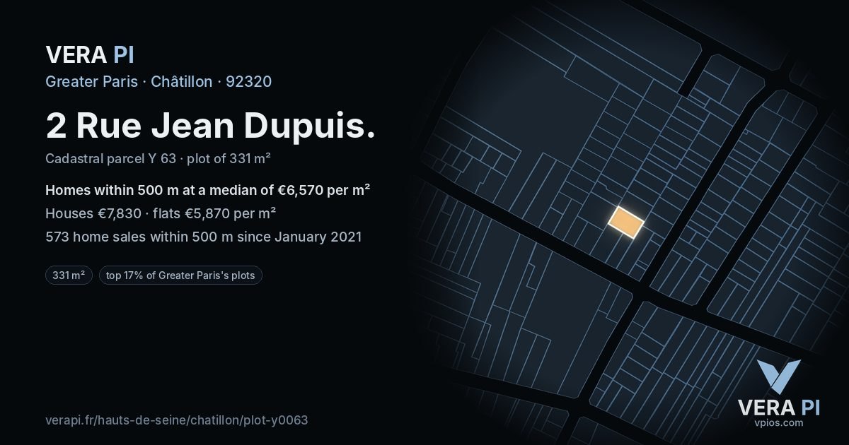 2 Rue Jean Dupuis, Châtillon at night – the plot lit, the parcels around coloured by the prices near them