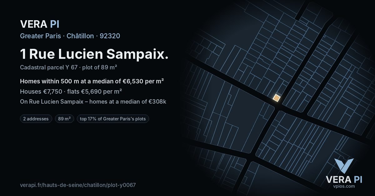 1 Rue Lucien Sampaix, Châtillon at night – the plot lit, the parcels around coloured by the prices near them