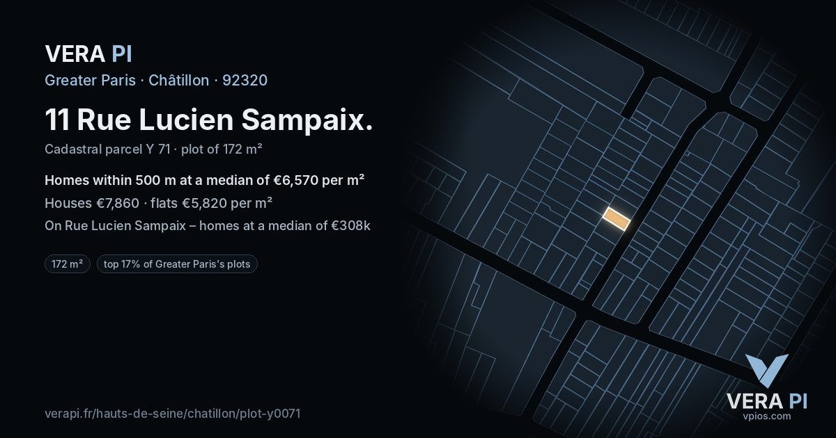 11 Rue Lucien Sampaix, Châtillon at night – the plot lit, the parcels around coloured by the prices near them