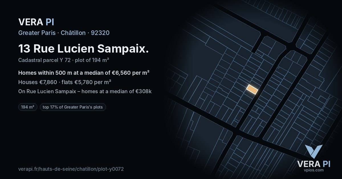 13 Rue Lucien Sampaix, Châtillon at night – the plot lit, the parcels around coloured by the prices near them