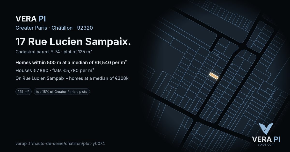 17 Rue Lucien Sampaix, Châtillon at night – the plot lit, the parcels around coloured by the prices near them
