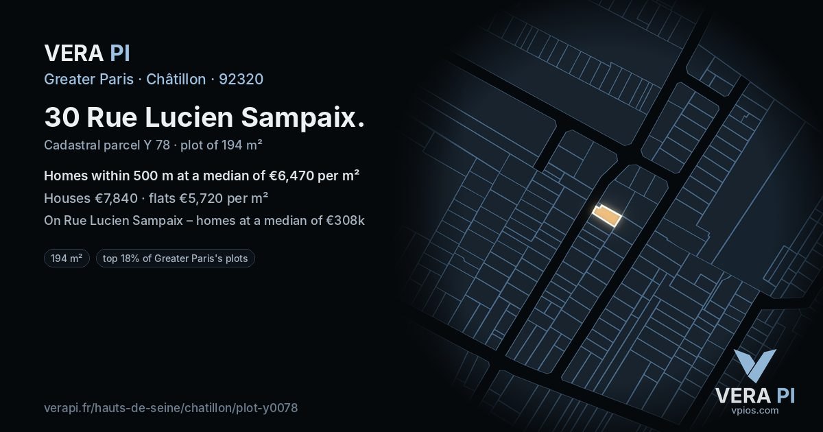30 Rue Lucien Sampaix, Châtillon at night – the plot lit, the parcels around coloured by the prices near them