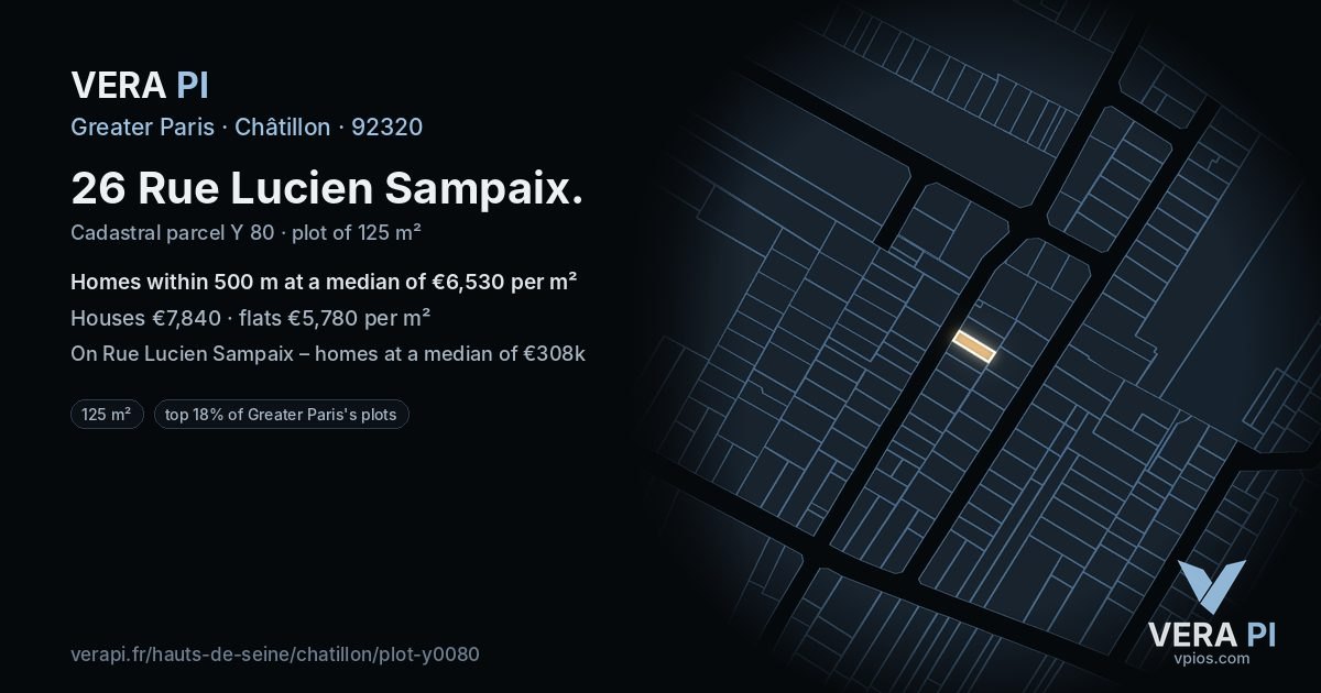 26 Rue Lucien Sampaix, Châtillon at night – the plot lit, the parcels around coloured by the prices near them