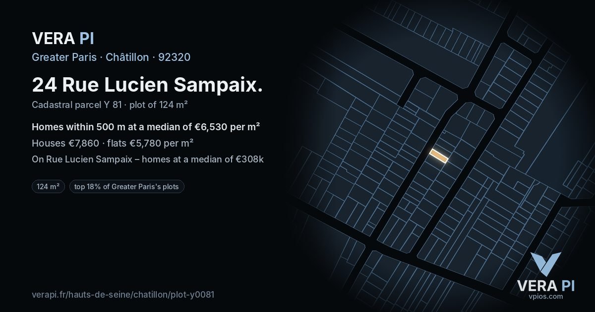24 Rue Lucien Sampaix, Châtillon at night – the plot lit, the parcels around coloured by the prices near them