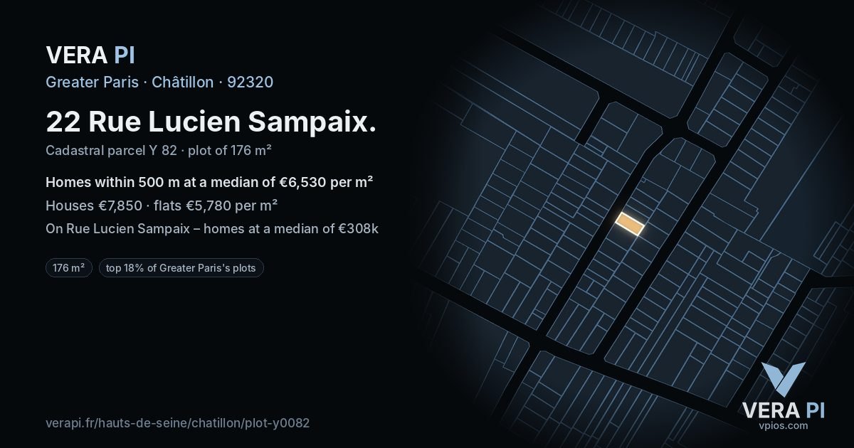 22 Rue Lucien Sampaix, Châtillon at night – the plot lit, the parcels around coloured by the prices near them