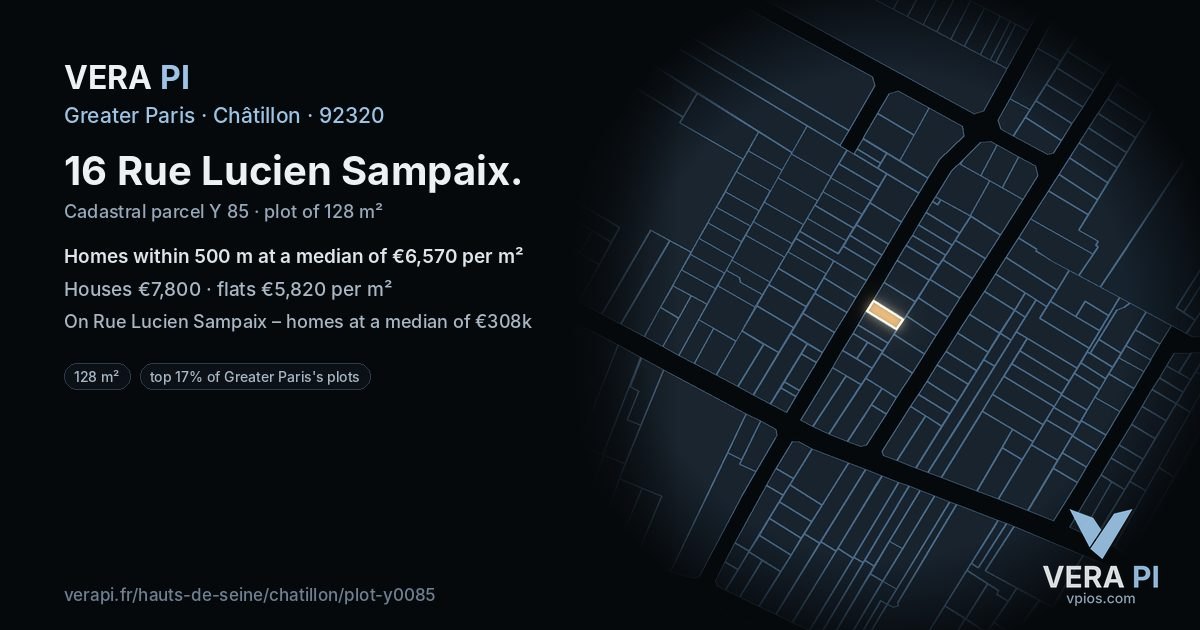 16 Rue Lucien Sampaix, Châtillon at night – the plot lit, the parcels around coloured by the prices near them