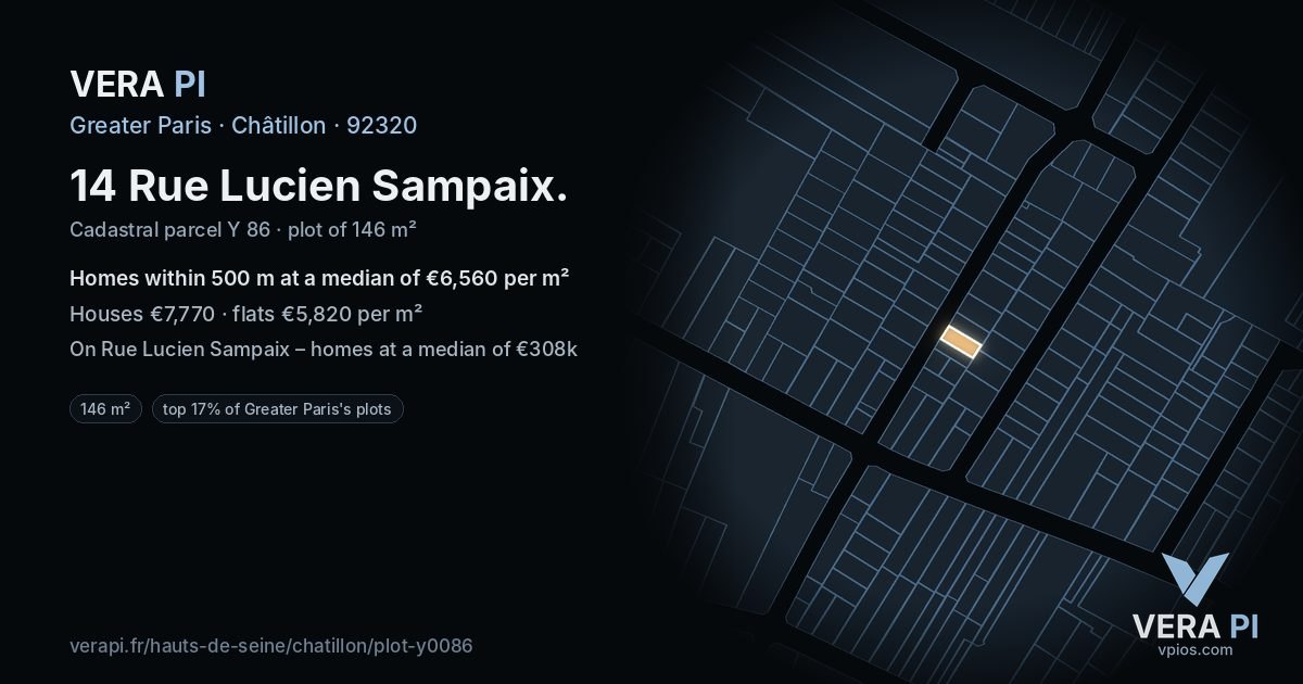 14 Rue Lucien Sampaix, Châtillon at night – the plot lit, the parcels around coloured by the prices near them