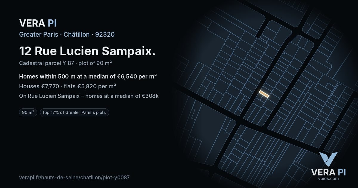 12 Rue Lucien Sampaix, Châtillon at night – the plot lit, the parcels around coloured by the prices near them