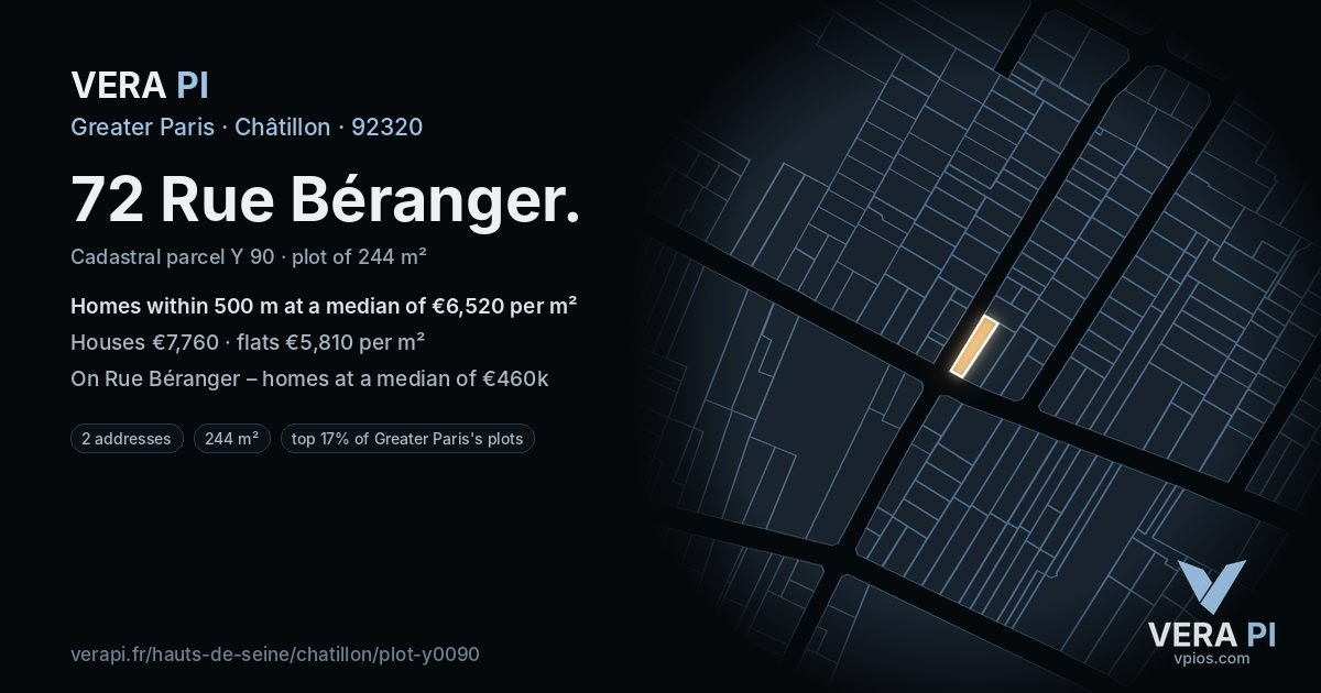 72 Rue Béranger, Châtillon at night – the plot lit, the parcels around coloured by the prices near them