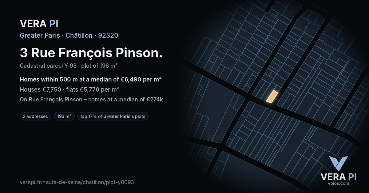 3 Rue François Pinson, Châtillon at night – the plot lit, the parcels around coloured by the prices near them