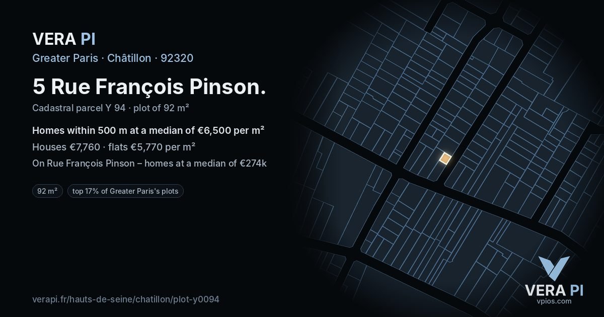 5 Rue François Pinson, Châtillon at night – the plot lit, the parcels around coloured by the prices near them