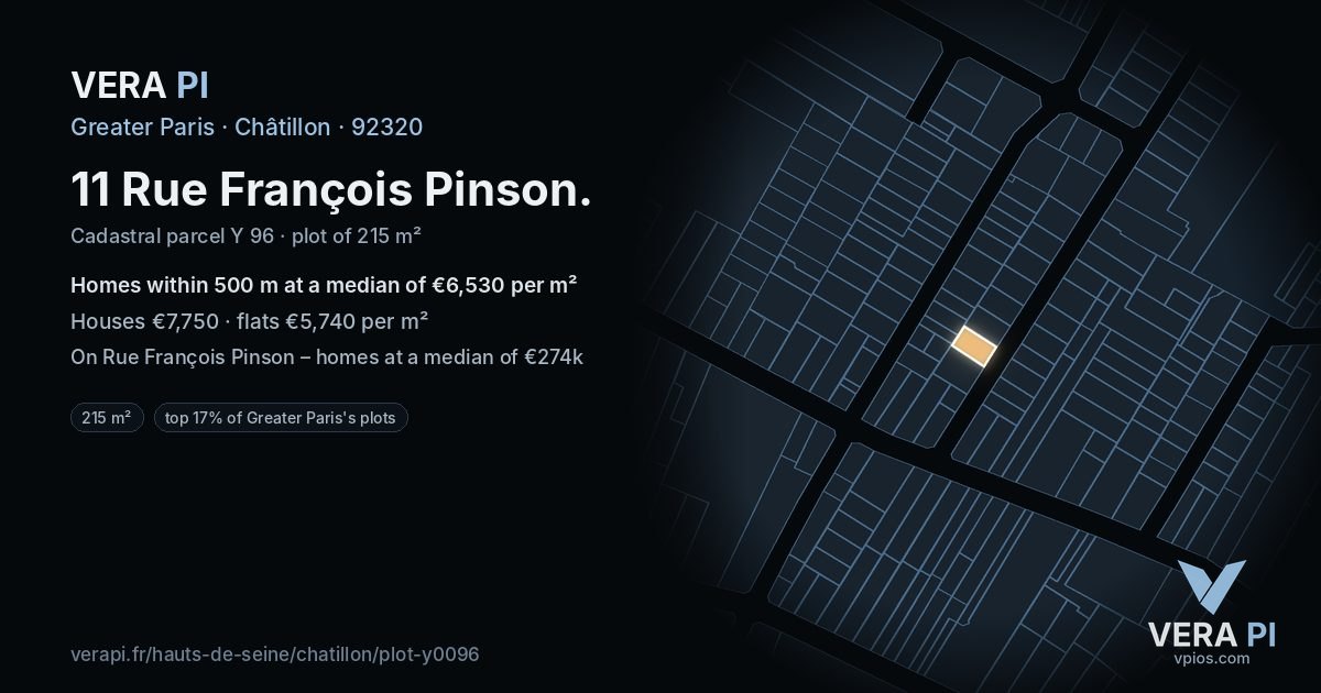 11 Rue François Pinson, Châtillon at night – the plot lit, the parcels around coloured by the prices near them