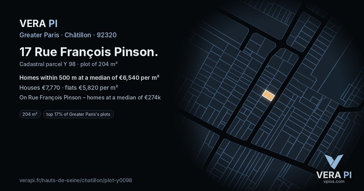17 Rue François Pinson, Châtillon at night – the plot lit, the parcels around coloured by the prices near them