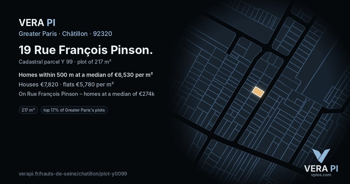 19 Rue François Pinson, Châtillon at night – the plot lit, the parcels around coloured by the prices near them
