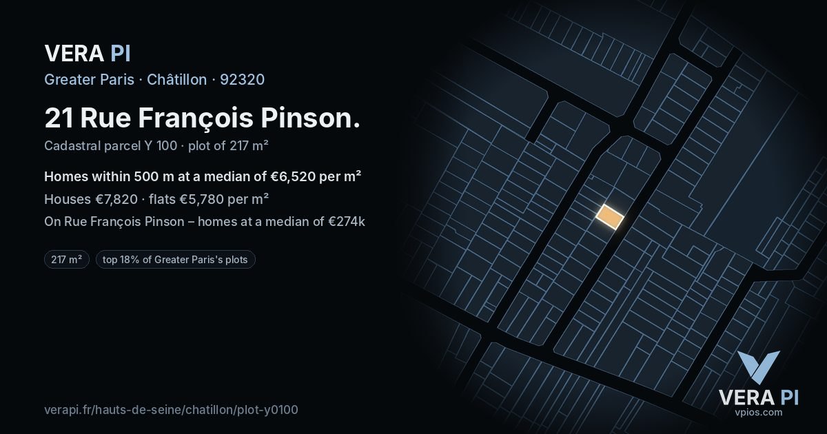 21 Rue François Pinson, Châtillon at night – the plot lit, the parcels around coloured by the prices near them