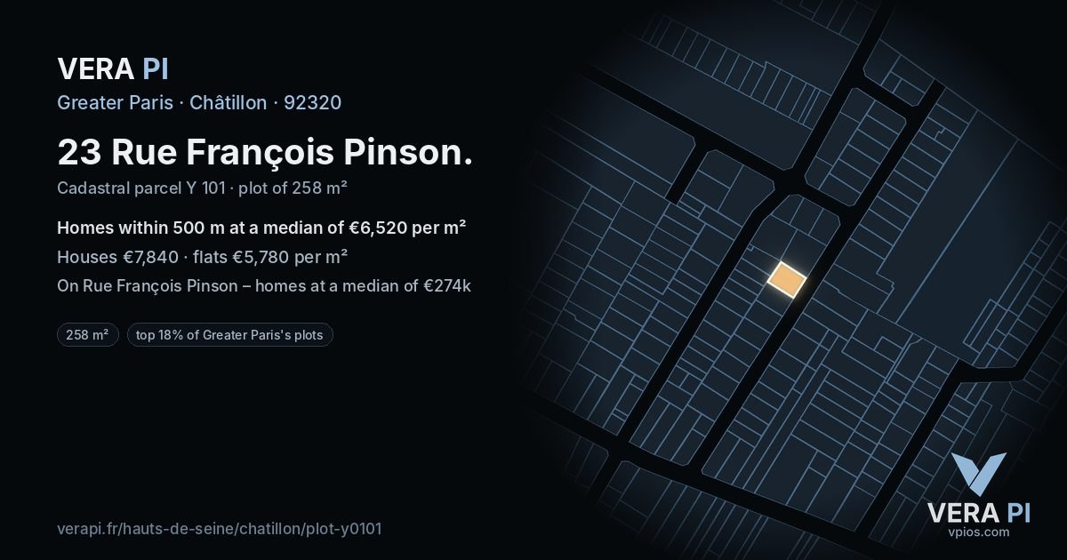 23 Rue François Pinson, Châtillon at night – the plot lit, the parcels around coloured by the prices near them