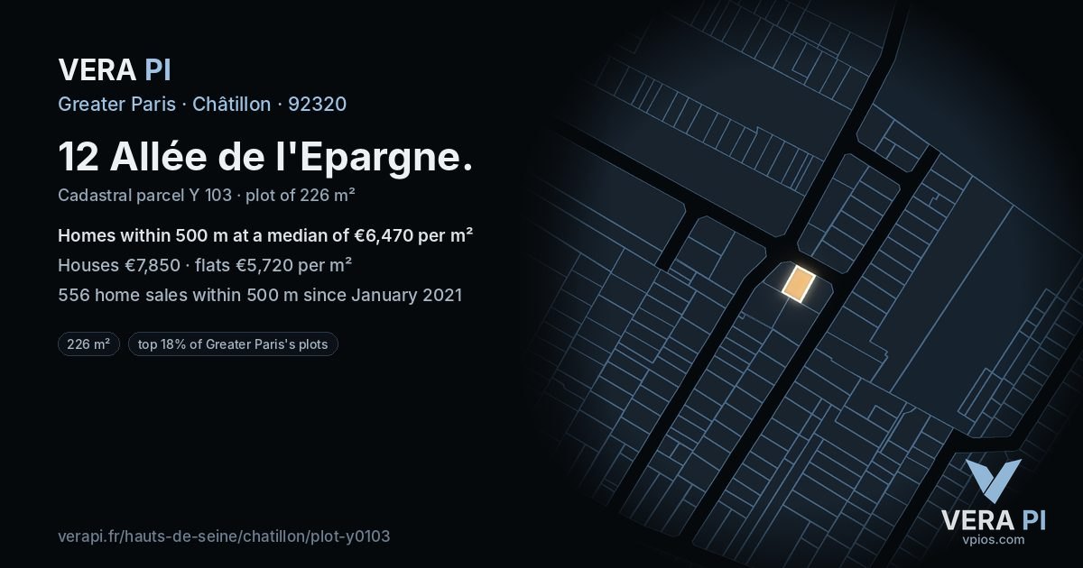 12 Allée de l'Epargne, Châtillon at night – the plot lit, the parcels around coloured by the prices near them