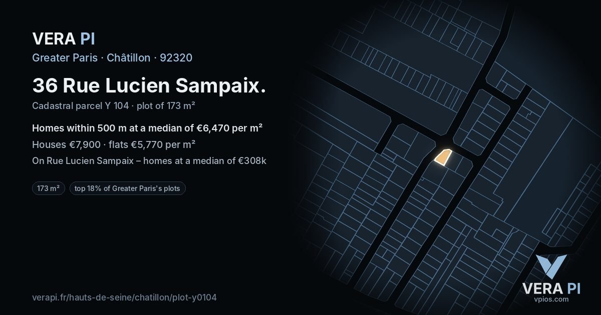 36 Rue Lucien Sampaix, Châtillon at night – the plot lit, the parcels around coloured by the prices near them