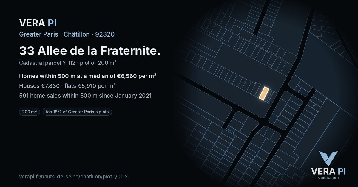 33 Allee de la Fraternite, Châtillon at night – the plot lit, the parcels around coloured by the prices near them