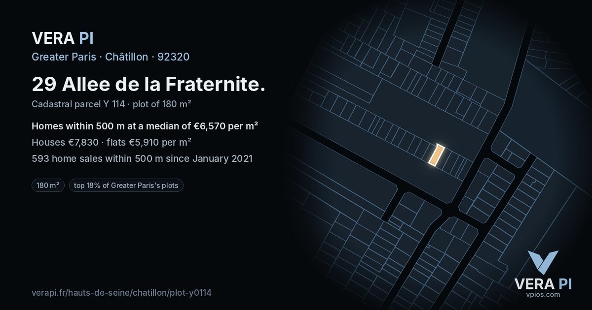 29 Allee de la Fraternite, Châtillon at night – the plot lit, the parcels around coloured by the prices near them
