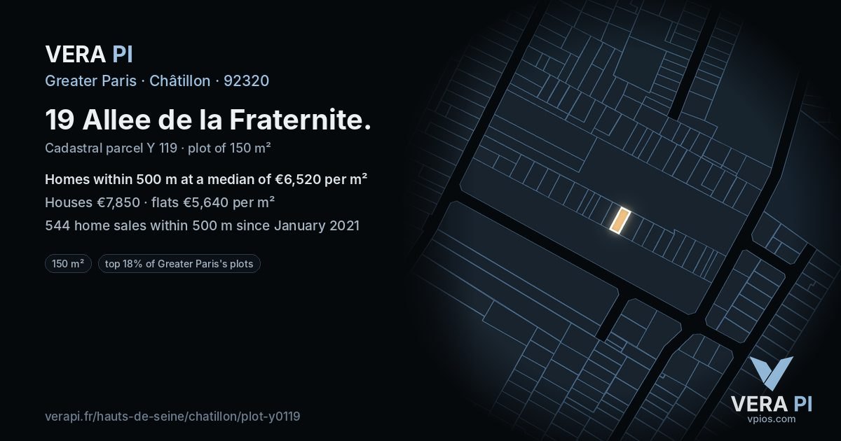 19 Allee de la Fraternite, Châtillon at night – the plot lit, the parcels around coloured by the prices near them