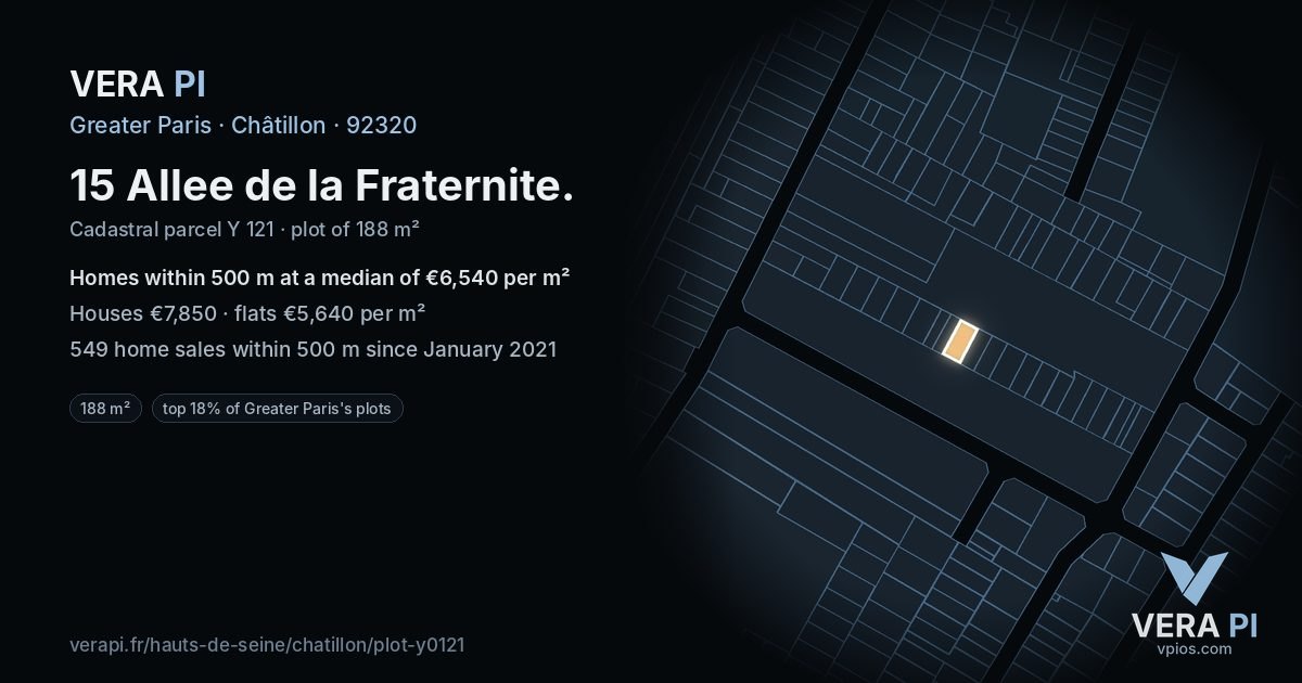 15 Allee de la Fraternite, Châtillon at night – the plot lit, the parcels around coloured by the prices near them