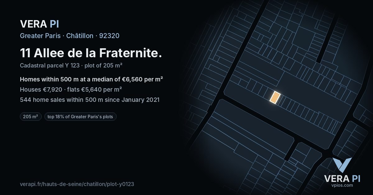 11 Allee de la Fraternite, Châtillon at night – the plot lit, the parcels around coloured by the prices near them