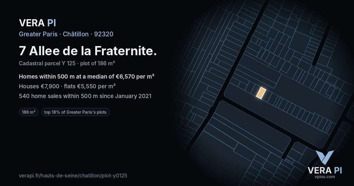 7 Allee de la Fraternite, Châtillon at night – the plot lit, the parcels around coloured by the prices near them