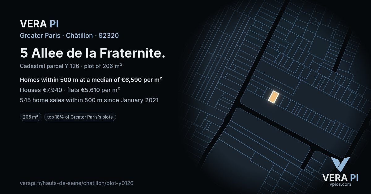 5 Allee de la Fraternite, Châtillon at night – the plot lit, the parcels around coloured by the prices near them
