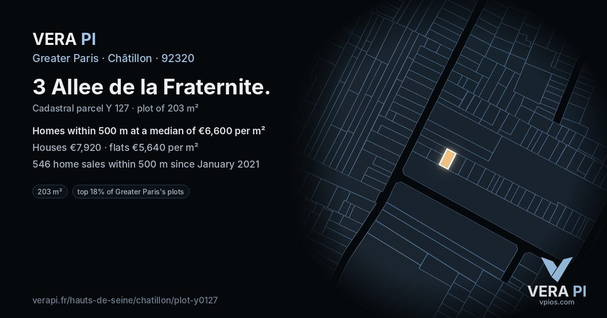 3 Allee de la Fraternite, Châtillon at night – the plot lit, the parcels around coloured by the prices near them