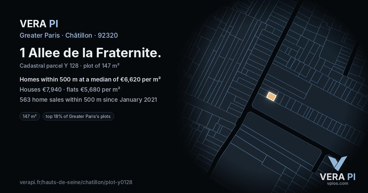 1 Allee de la Fraternite, Châtillon at night – the plot lit, the parcels around coloured by the prices near them