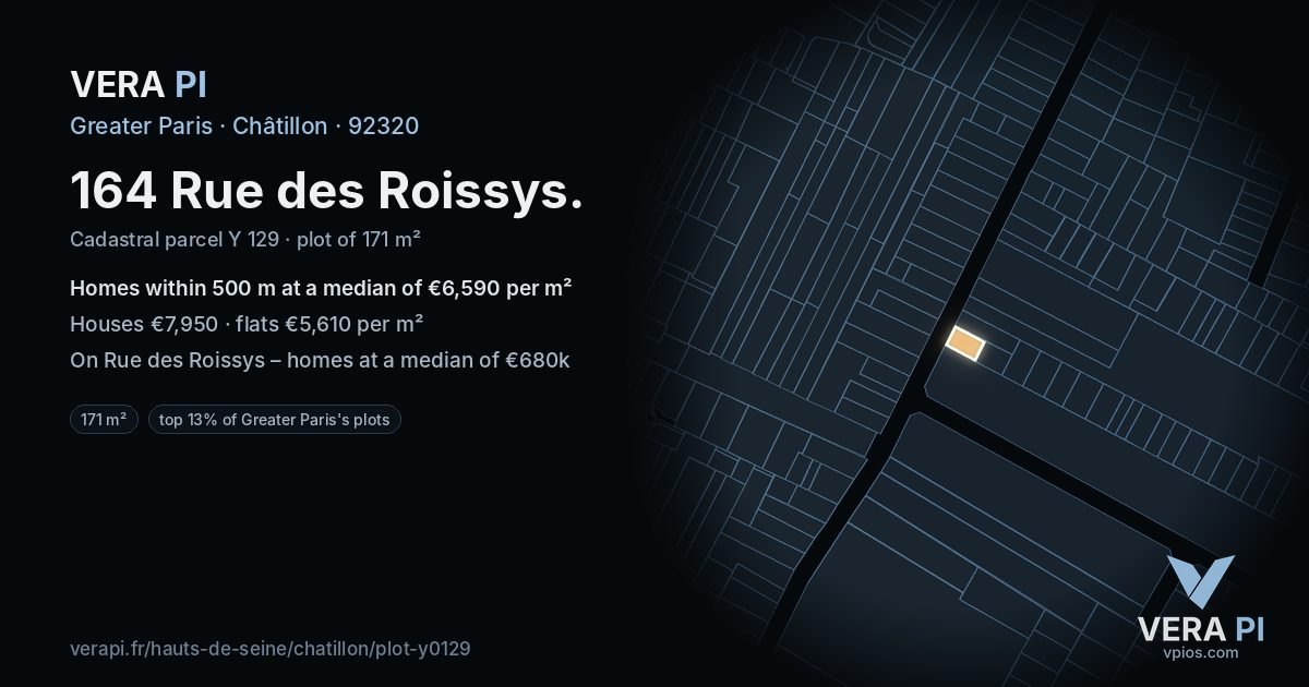 164 Rue des Roissys, Châtillon at night – the plot lit, the parcels around coloured by the prices near them