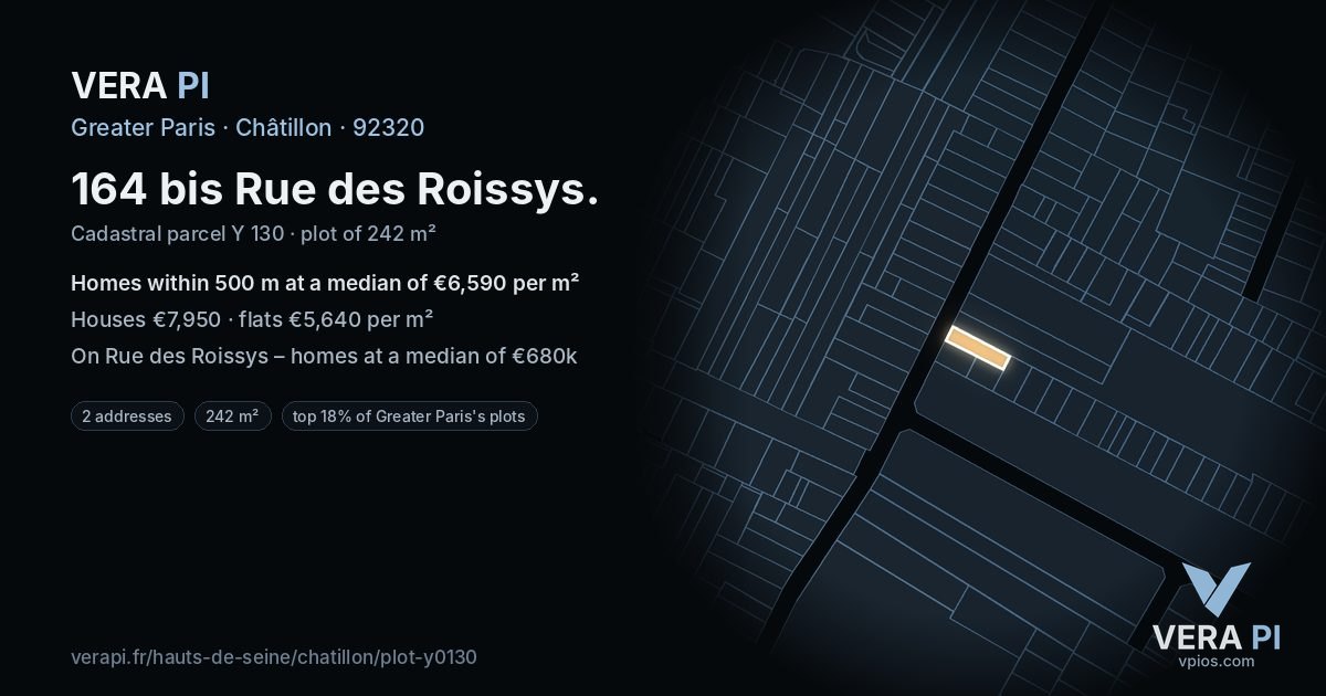 164 bis Rue des Roissys, Châtillon at night – the plot lit, the parcels around coloured by the prices near them