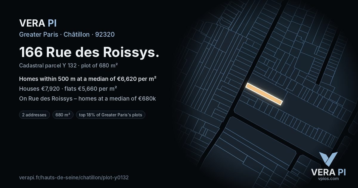 166 Rue des Roissys, Châtillon at night – the plot lit, the parcels around coloured by the prices near them