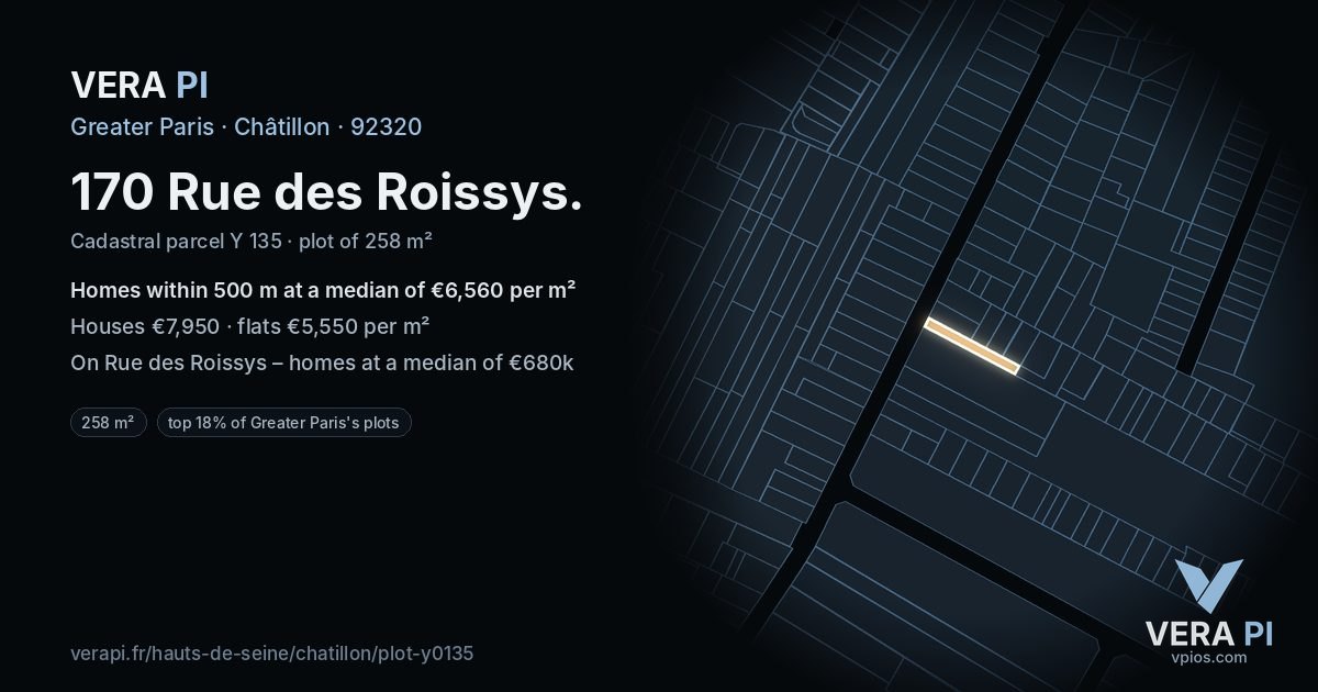 170 Rue des Roissys, Châtillon at night – the plot lit, the parcels around coloured by the prices near them