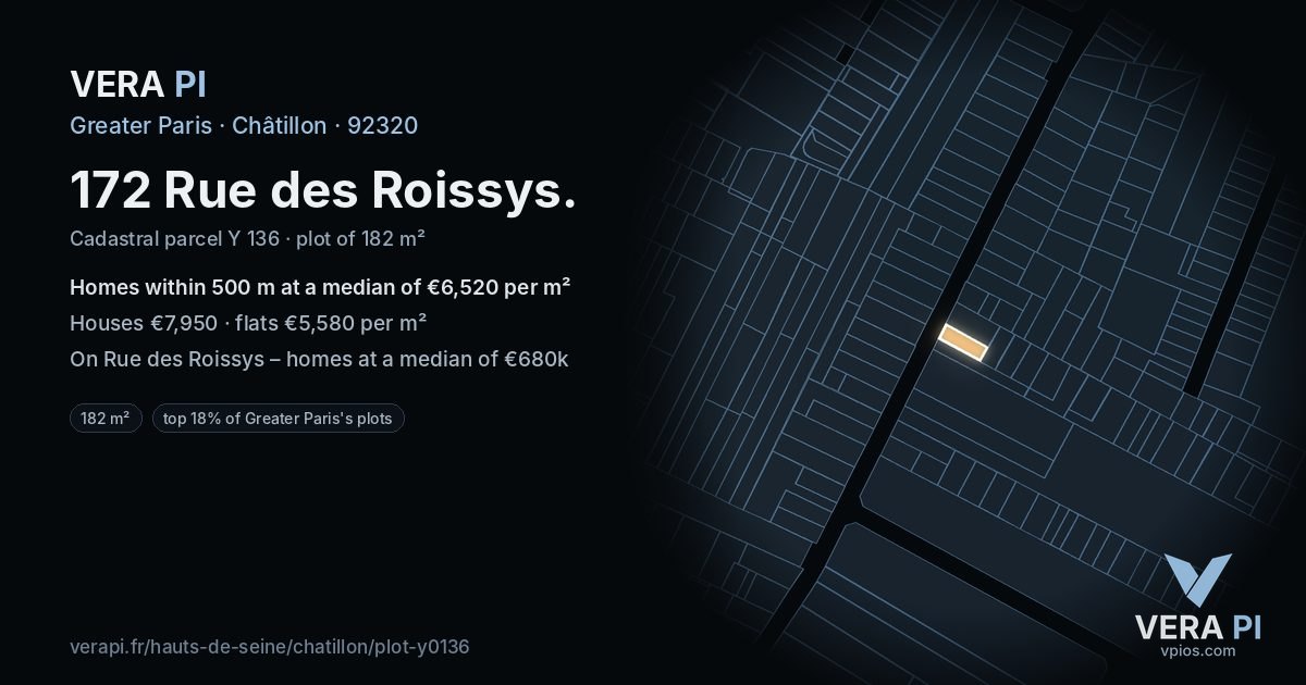 172 Rue des Roissys, Châtillon at night – the plot lit, the parcels around coloured by the prices near them