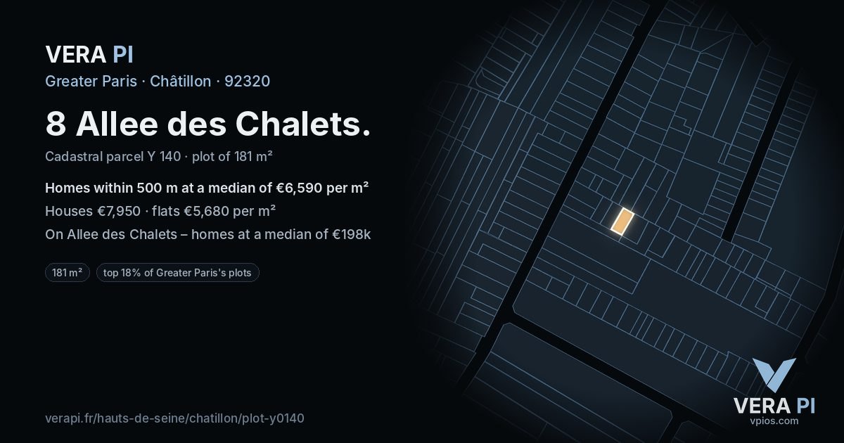 8 Allee des Chalets, Châtillon at night – the plot lit, the parcels around coloured by the prices near them