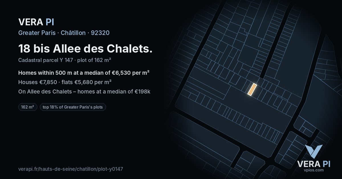 18 bis Allee des Chalets, Châtillon at night – the plot lit, the parcels around coloured by the prices near them
