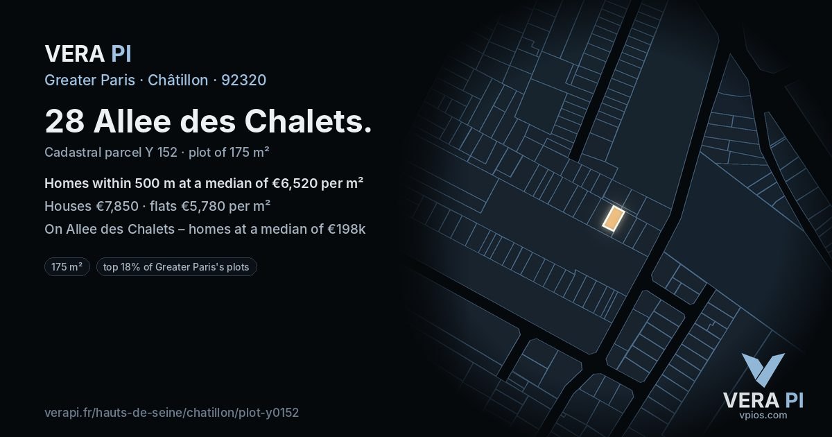 28 Allee des Chalets, Châtillon at night – the plot lit, the parcels around coloured by the prices near them