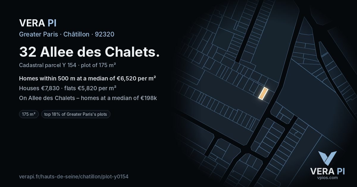 32 Allee des Chalets, Châtillon at night – the plot lit, the parcels around coloured by the prices near them
