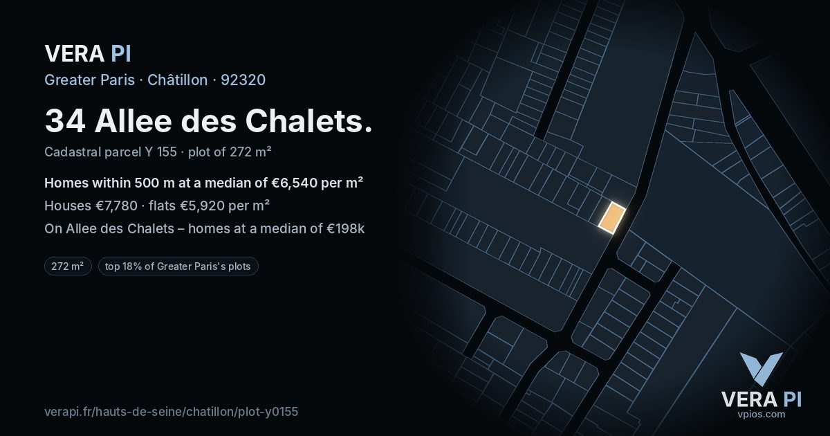 34 Allee des Chalets, Châtillon at night – the plot lit, the parcels around coloured by the prices near them