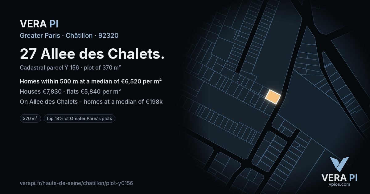 27 Allee des Chalets, Châtillon at night – the plot lit, the parcels around coloured by the prices near them