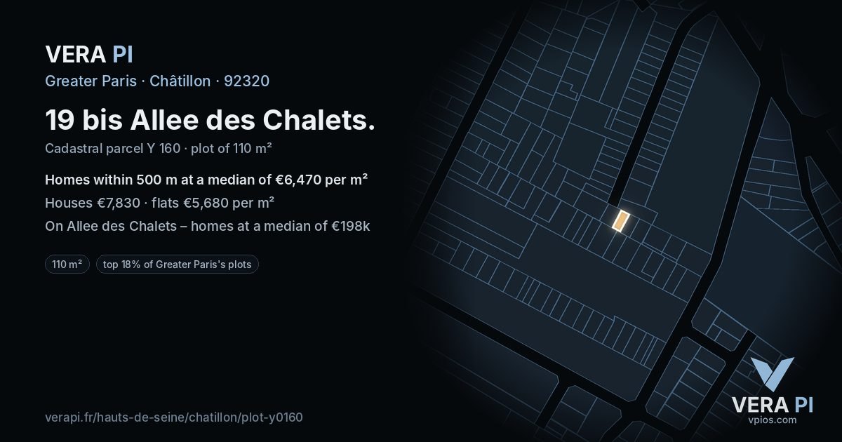 19 bis Allee des Chalets, Châtillon at night – the plot lit, the parcels around coloured by the prices near them