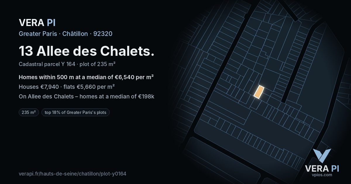 13 Allee des Chalets, Châtillon at night – the plot lit, the parcels around coloured by the prices near them