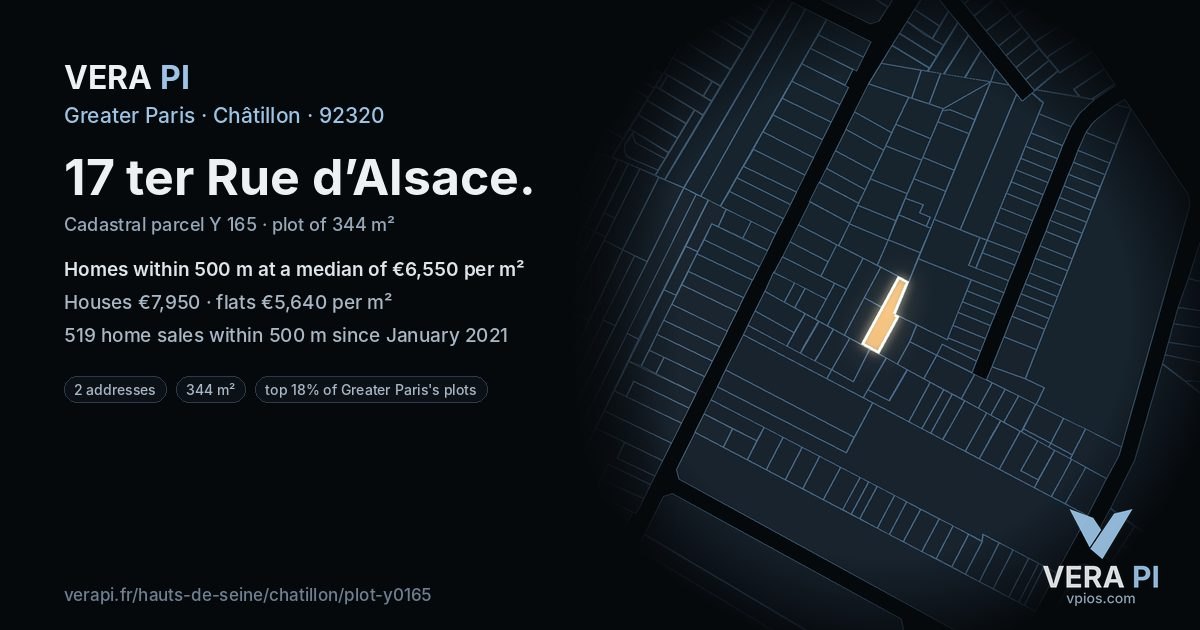 17 ter Rue d’Alsace, Châtillon at night – the plot lit, the parcels around coloured by the prices near them