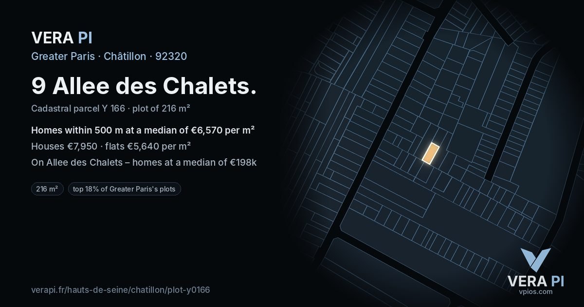 9 Allee des Chalets, Châtillon at night – the plot lit, the parcels around coloured by the prices near them