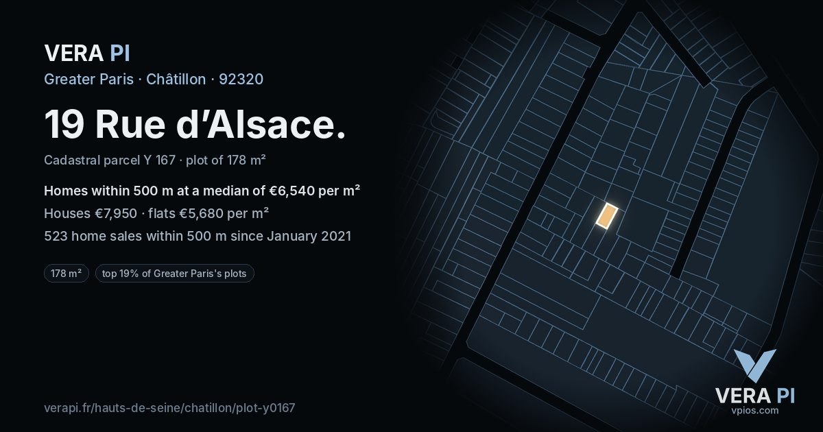 19 Rue d’Alsace, Châtillon at night – the plot lit, the parcels around coloured by the prices near them
