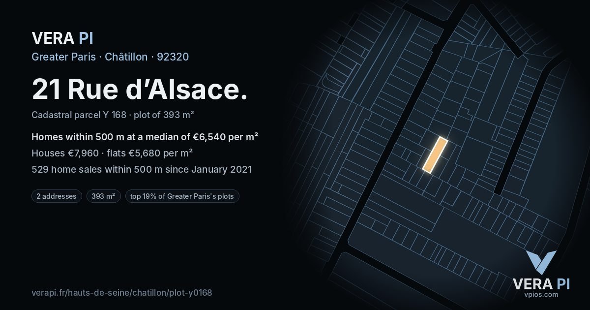21 Rue d’Alsace, Châtillon at night – the plot lit, the parcels around coloured by the prices near them