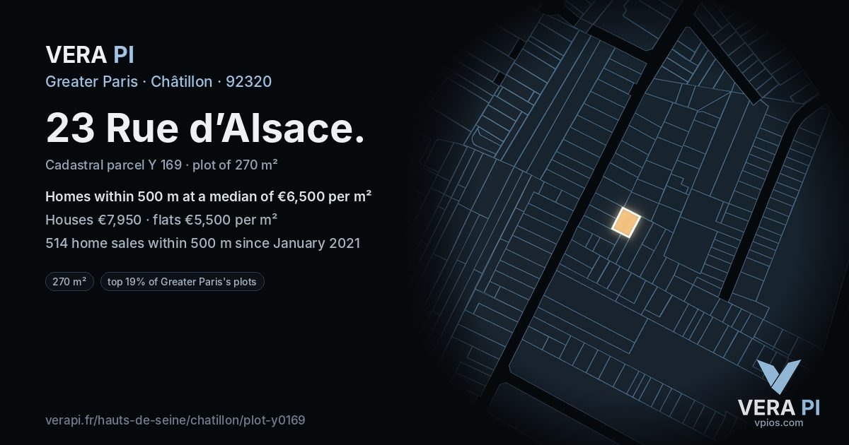23 Rue d’Alsace, Châtillon at night – the plot lit, the parcels around coloured by the prices near them